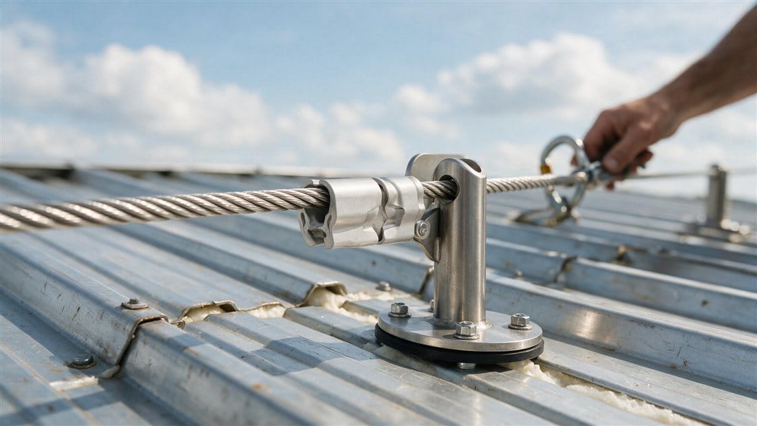 Detalhe de linha de vida horizontal com cabo de aço e ancoragem intermediária em telhado metálico
