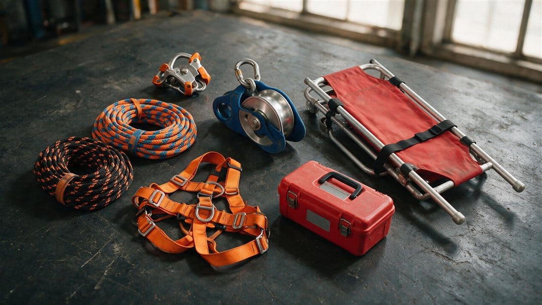 Kit de resgate em altura com descensor, polias, cordas e maca