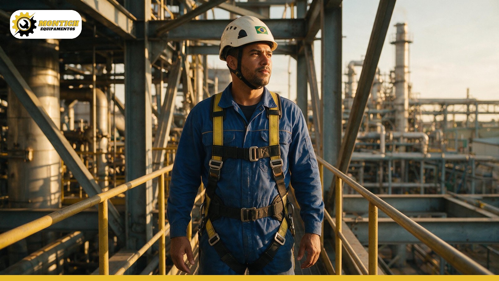 Técnico com cinto paraquedista em estrutura industrial
